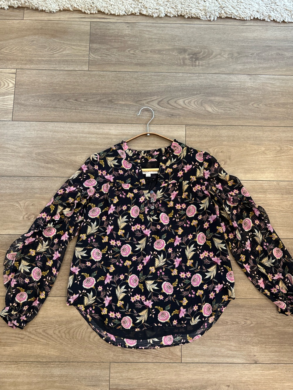 LOFT Petite XS Black Floral Tie Neck Sheer Long Sleeve Blouse
